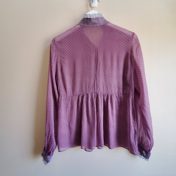 Vintage purple blouse with lace, long sleeve, Semi Sheer, Medium Size - Picture 3 of 9